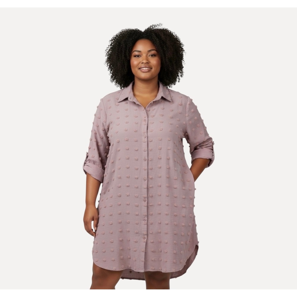 Women's Shirt Dress Swiss Dot L Mauve Pink Button Down Roll Tab Pocket Relaxed